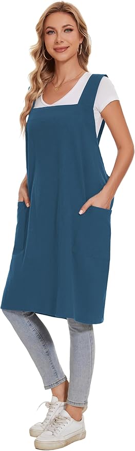 Linen Cotton Aprons for Women Smock Cross-Back Apron with Pockets