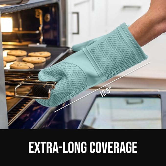 GORILLA GRIP BPA-Free Soft Silicone Oven Mitts, Heat Resistant and Waterproof Cooking Gloves, Thick Cotton Lining, Flexible Gripping for Baking Grilling, Kitchen Potholders Set of 2, 12.5x8.3, Mint