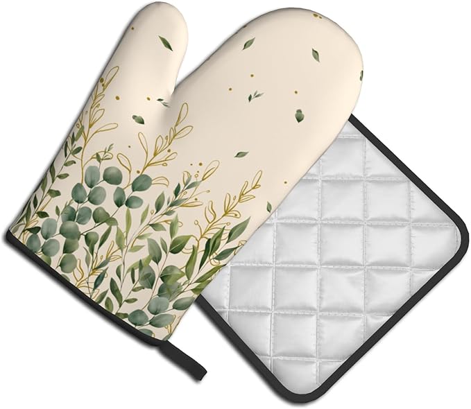Sage Green Eucalyptus Oven Mitts and Pot Holders Sets Watercolor Green Yellow Leaf Branches Washable Heat Resistant Kitchen Glove Potholder Farmhouse Decor Hot Pads for Home Baking Cooking Grilling