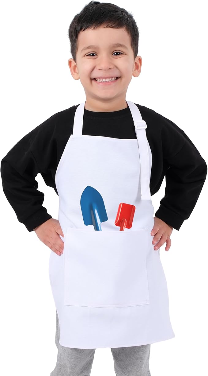 Kids Aprons for Cooking Waterdrop Resistant Aprons for Girl & Boy Toddler Apron for Painting, Gardening, Baking, Smock (White, Small (3-5 years))