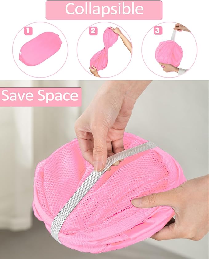 2 Pcs Durable Collapsible Laundry Baskets - Reinforced Mesh Pop Up Laundry Hamper with Pocket, Foldable Dirty Clothes Hamper with Carry Handles for Laundry, Bathroom, Kids Room, Dorm or Travel Pink