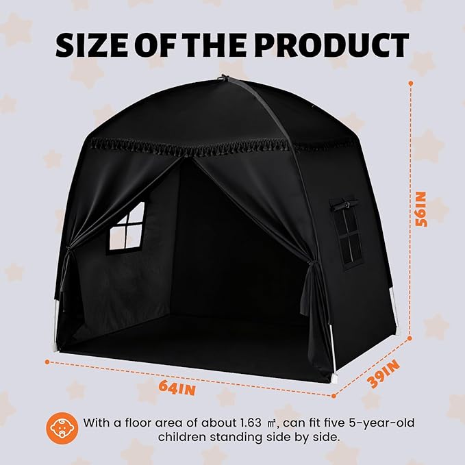 Sumbababy Large Teepee Tent for Kids: with Star Lights - Tent for Toddler Indoor Kids Teepee Tent for Boys & Girls - Toddler Play Tent Inside Canopy Bed for Playroom Gift Toys (All-Black)