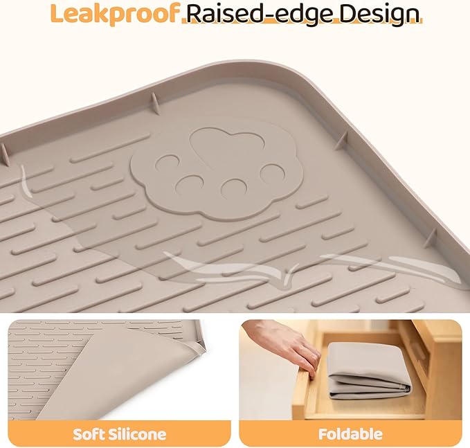 Bartuke Dog Food Mat, Extra Large 34" x 22" Silicone Pet Feeding Mat with Raised Edge Pet Placemat for Small, Medium, and Large Pets Non-Slip, Easy to Clean (Beige)