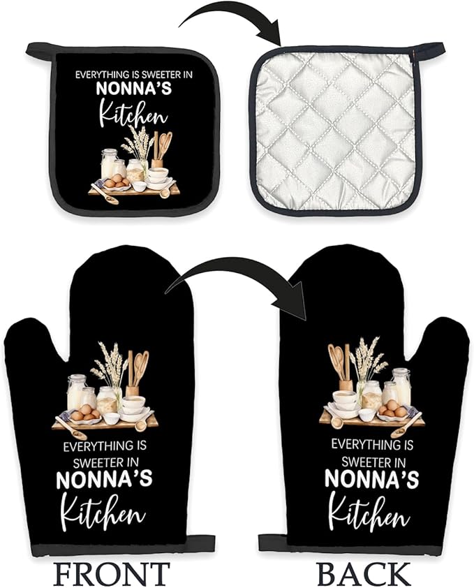 Nonna Gifts Oven Mitts and Pot Holders Sets, NonnaGifts from Grandkids Kitchen Accessories Sets, Sweeter in Nonna’s Kitchen Grandma Heat Resistant Oven Glove Potholders for Cooking Baking