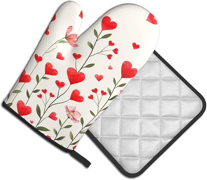 Red Love Hearts Oven Mitts and Potholders Set of 2 Romantic Flowers Washable Heat Resistant Non-Slip Oven Gloves Pot Holder for Mother Day Kitchen Cooking Baking Decoration