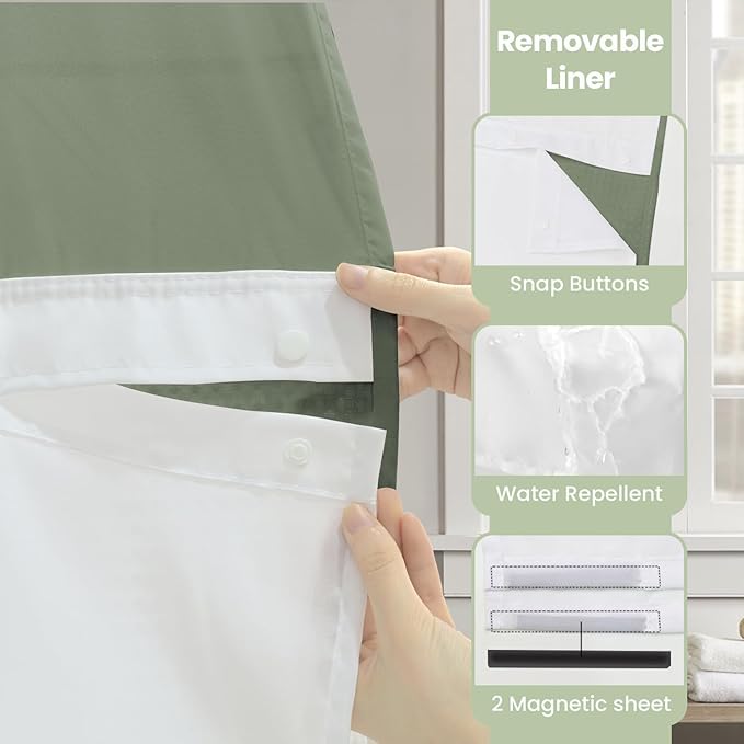 Inhousolu Long No Hook Shower Curtain with Snap in Fabric Liner Set Waffle Weave 230GSM Weighted Hem, Waterproof & Washable Bathroom Curtain Spa Luxury with Mesh Top Window 72" W x 78" L Sage Green