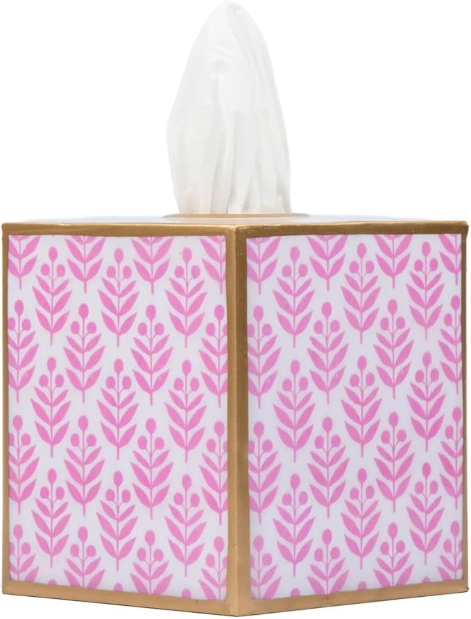 Jaye's Studio Lottie Cube Tissue Box Cover Square, Enameled Metal Gold Tissue Holder for Bathroom, Bedroom, Office, Vanity Pink and White Bathroom Decor Accent, Floral Boho Bathroom Accessories Decor