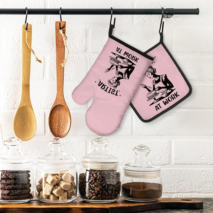 Artist at Work Cute Oven Mitts and Pot Holders Set, Baking Kitchen Tools for Female Bakers Cake Makers, Baking Gifts for Cake Lovers, Retro Humor Oven Mitts for Mom