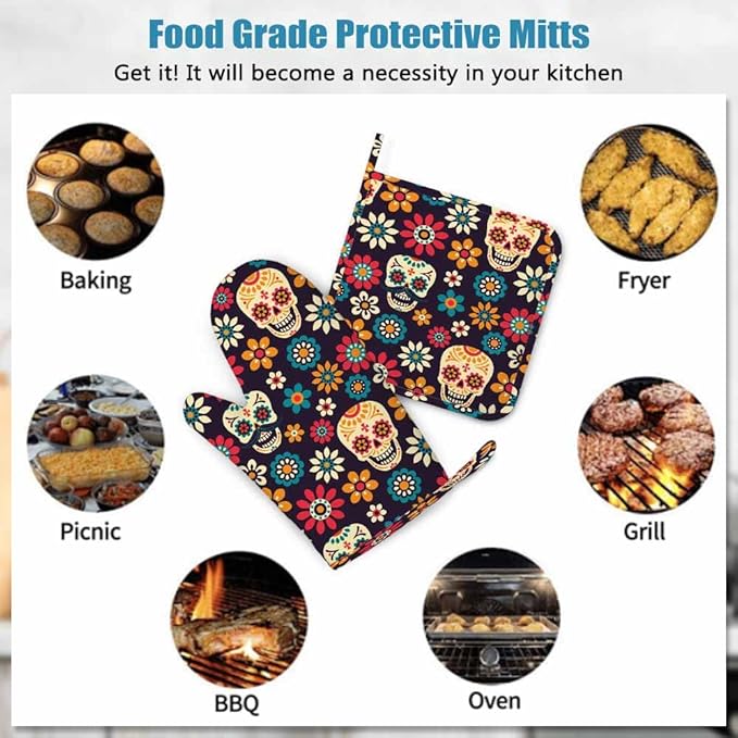Mxocom Day of The Dead Oven Mitts and Pot Holders Sets Sugar Skulls and Flowers Seamless Pattern on Dark Background Silicone Heat Resistant Kitchen Oven Gloves Pot Holder for Cooking
