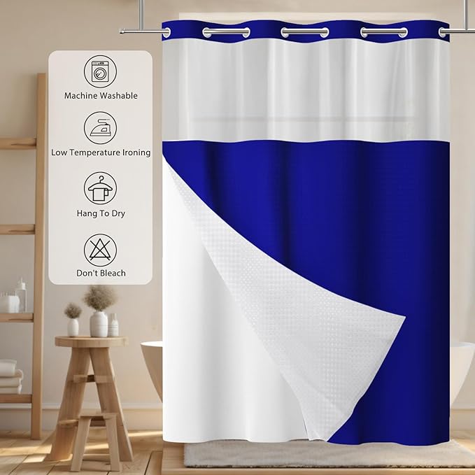 GICDSU No Hook Shower Curtain with Snap in Liner, Waffle Shower Curtain Set for Bathroom, Hotel Style with Semi-Sheer Top Window, Waterproof & Washable, Navy Blue, 59" W x 75" L