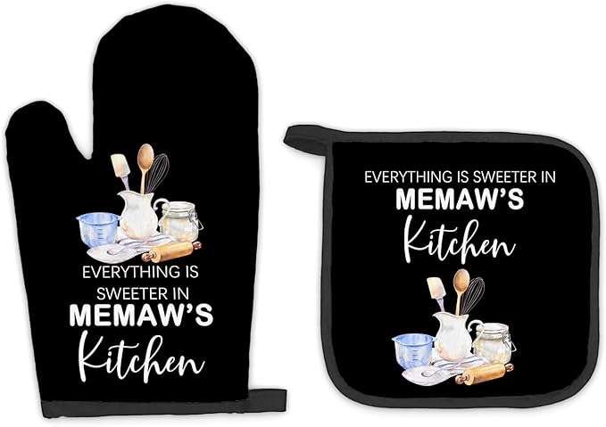 Memaw Gifts Oven Mitts and Pot Holders Sets, Gifts for Grandma from Grandkids, Sweeter in Memaw's Kitchen Heat Resistant Oven Glove Potholders for Baking