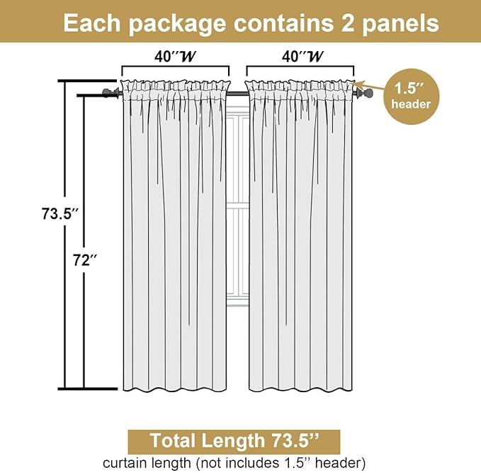 Lecloud Bessie Black Curtains for Living Room 72 Inches Long 2 Panels, Rod Pockets Rustic Bedroom Curtains, Light Filtering Faux Linen Textured Home Decor Window Drapes, Each Panel 40" W x 72" L