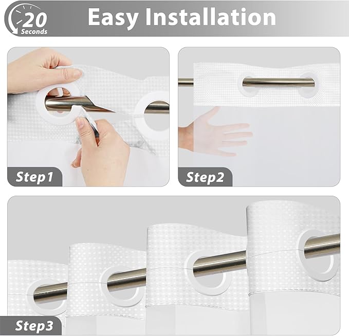 GICDSU No Hook Shower Curtain with Snap in Liner, Waffle Shower Curtain Set for Bathroom, Hotel Style with Semi-Sheer Top Window, Waterproof & Washable, White, 71" W x 75" L
