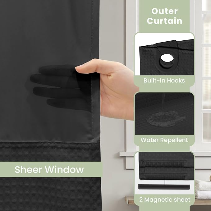 Inhousolu Long No Hook Shower Curtain with Snap in Fabric Liner Set Waffle Weave 230GSM Weighted Hem, Waterproof & Washable Bathroom Curtain Spa Luxury with Mesh Top Window 72" W x 78" L Black