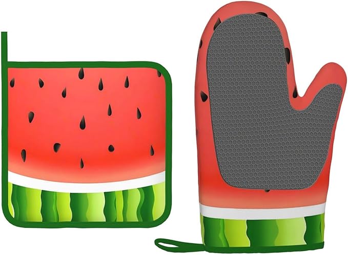 Oven Mitts and Potholders Watermelon Print Silicone Glove Heat Resistant, Kitchen Gloves for Cooking, 2-Piece Set