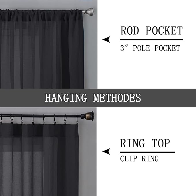 Tollpiz Sheer Tier Curtains Kitchen Linen Textured Half Curtain Sheers Light Filtering Rod Pocket Voile Bathroom Short Curtains for Farmhouse, 25 x 30 inches Long, Black, Set of 2 Panels
