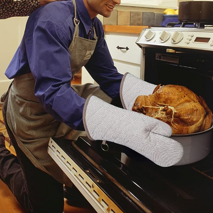1 Pair Yarn Dyed Oven Mitts 100% Cotton Heat Resistant 470 Degree Gloves Men Women Cooking Baking Barbecue BBQ Microwave Crafting Machine Washable Pot Holders Mittens (Khaki)