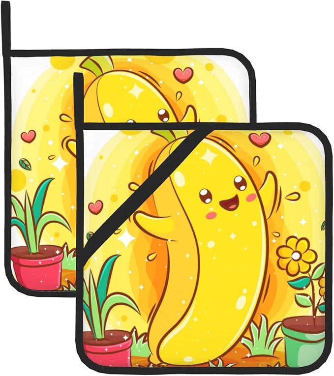 Cute Banana Pattern Pot Holders Set of 2 Heat Resistant & Non Slip Potholders, Watercolor Art Style Fire Oven Hot Pads for Kitchen Cooking Baking Barbecue