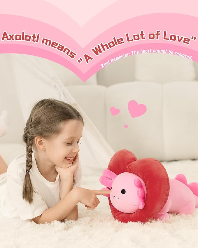 MaoGoLan Valentines Axolotl Plush with Heart-Shaped Hood,Squishy and Soft Salamander Stuffed Animal Throw Pillow,16" Loving Heart Plushie Gift for Valentines Day,Christmas,Anniversary,Mother's Day
