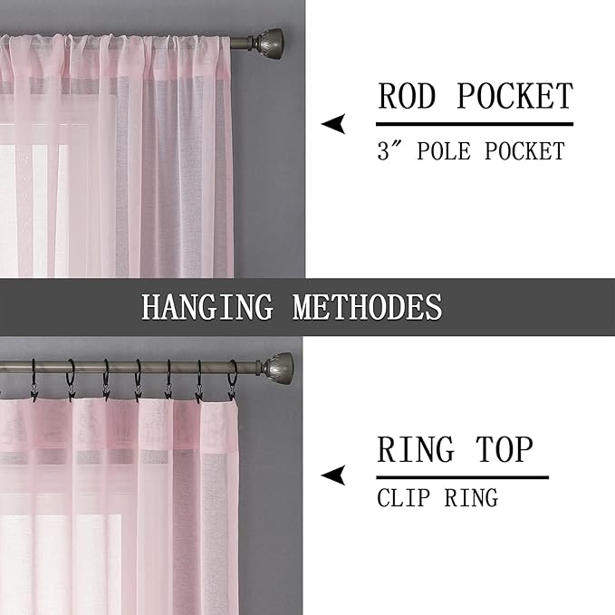 Tollpiz Sheer Curtains Linen Textured Living Room Curtain Sheers Light Filtering Rod Pocket Voile Curtains for Bedroom, 42 x 63 inches Long, Pink, Set of 2 Panels