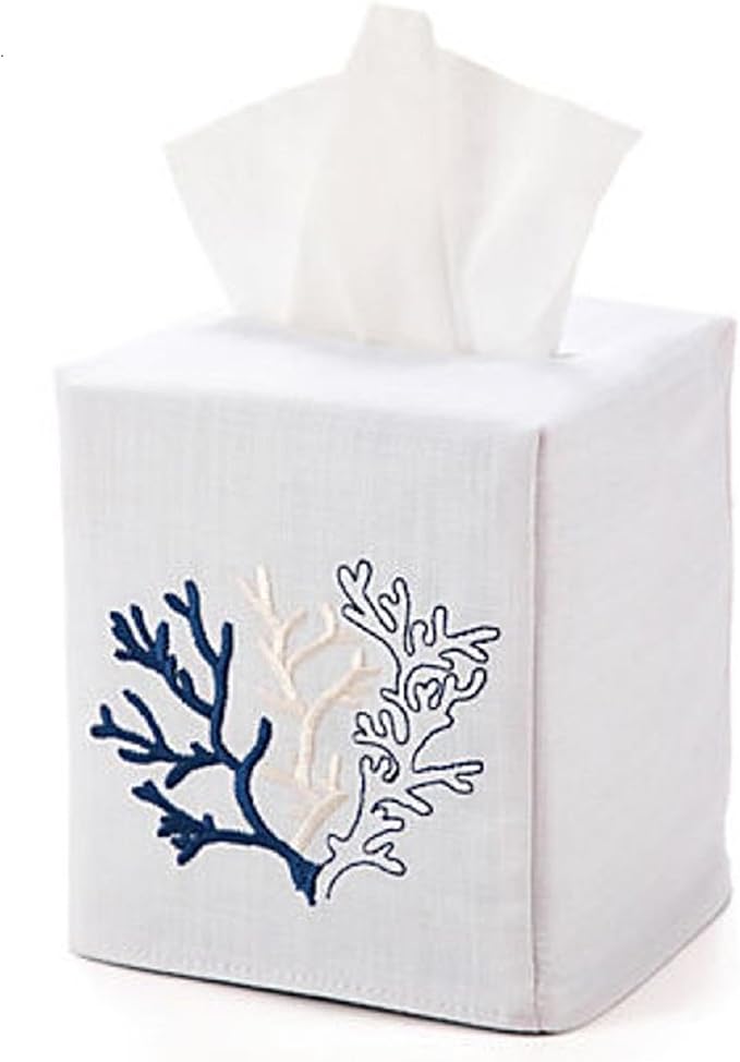 Jacaranda Living Square Tissue Box Cover, Linen/Cotton Fabric Tissue Holder, Decorative Cloth Tissue Cube Cover, Coastal Designs Coral, Navy