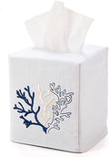 Jacaranda Living Square Tissue Box Cover, Linen/Cotton Fabric Tissue Holder, Decorative Cloth Tissue Cube Cover, Coastal Designs Coral, Navy