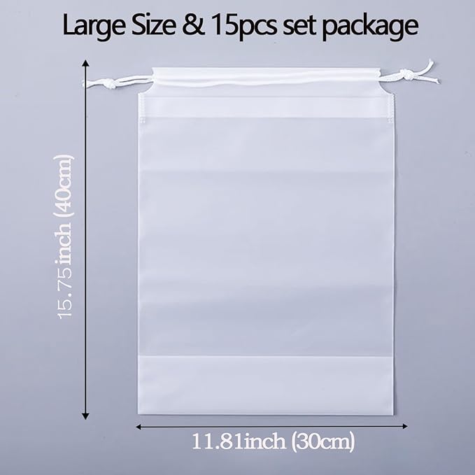JACUXLSS Frosted Clear Plastic Travel Shoe Bag for Men Woman Travel Organizer, 15Pcs Washable Translucent Drawstring Pouch with Rope for Golf GYM Sneaker Clothes Suitcase Home Packing Storage