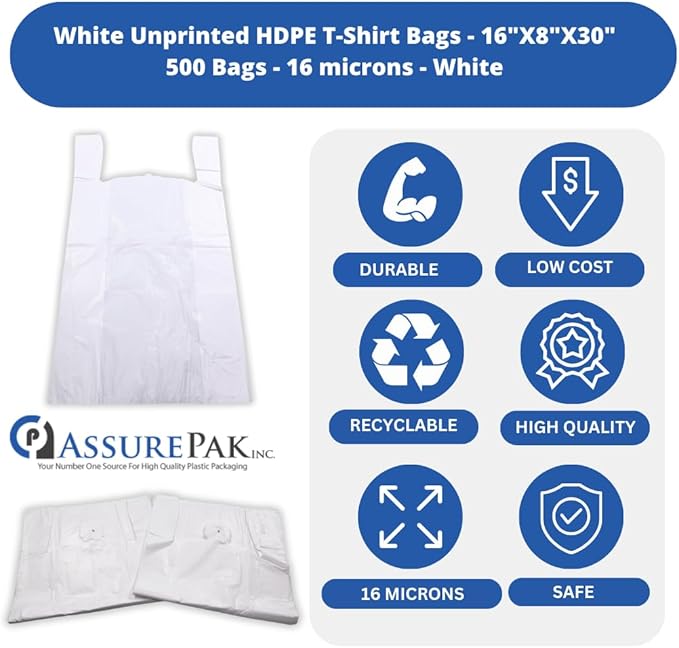 ASSUREPAK White Unprinted HDPE T-Shirt Bags 16"x8"x30" – 500 Units – 16 Microns –Perfect for supermarkets, convenience stores, restaurants, and retail shops