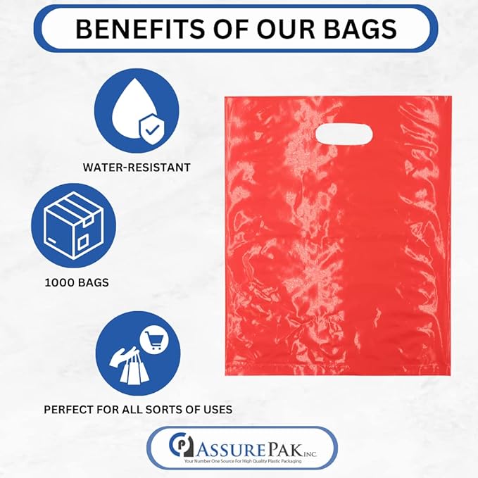 LDPE Die Cut Merchandies Bags - 500 Bags - 12"x15" - 1.5 mil - Red - 1215DCRED - AssurePak