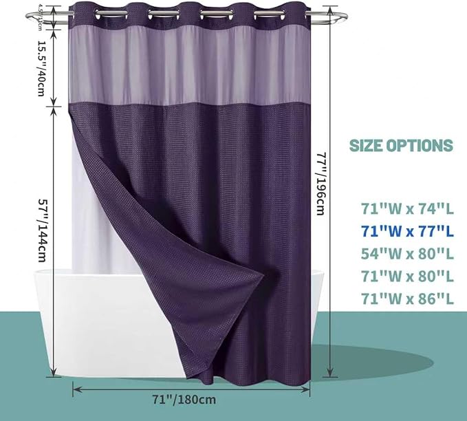 eachope Purple No Hook Waffle Weave Shower Curtain with snap-in Liner Replacement, 230GSM Waterproof Fabric Hotel Shower Curtain Set for Bathroom, Through Mesh Top Window,71Wx77H