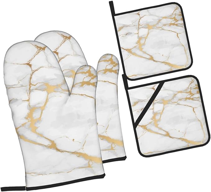 Oven Mitts and Pot Holders White Gold Marble Art Abstract Sets of 4 Kitchen Potholder Gloves Heat Resistant Non-Slip for Chef Baking Cooking Grilling BBQ