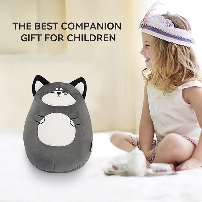 stocaggio Kids Travel Pillow - 2-in-1 Deformable Kids Neck Pillow for Traveling, Soft U-Shaped Pillow with Adorable Animal Design, Comfy Sleep and Play, Ideal for Airplanes and Cars - Gray Husky