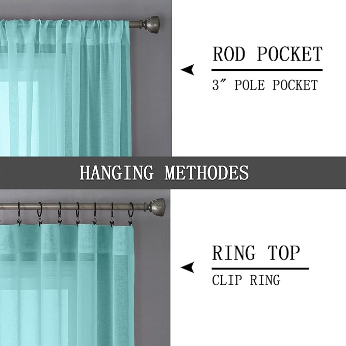 Tollpiz Sheer Curtain Linen Textured Bedroom Curtains Sheer Light Filtering Rod Pocket Voile Curtain for Living Room, 54 x 95 inches Long, Crystal Blue, Set of 2 Panels