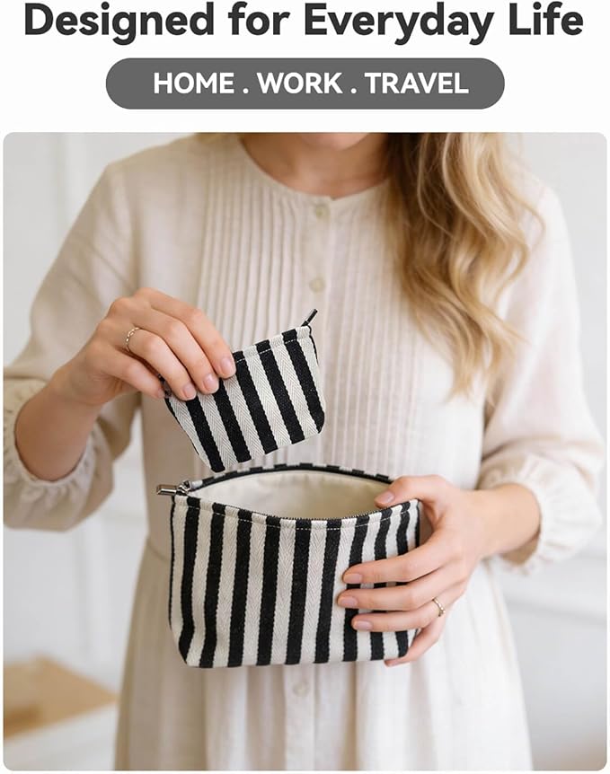 2 Pcs Makeup Bag Set for Women, Travel Cosmetic Bags, Canvas Make up Bag for Purse, Black White Striped Makeup Pouch with Zipper Lining, Cosmetic Storage Car Bag, Portable Large & Small Toiletry