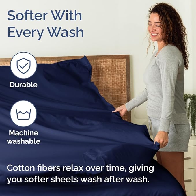 400 Thread Count Cotton Sheet Set - King Size 100% Cotton Sheets - Easily Fits 8" to 16" Mattress - Silky-Soft, Wrinkle Free, Breathable & Comfy - Deep Pockets & Hotel Quality Bedding Set - Navy Blue