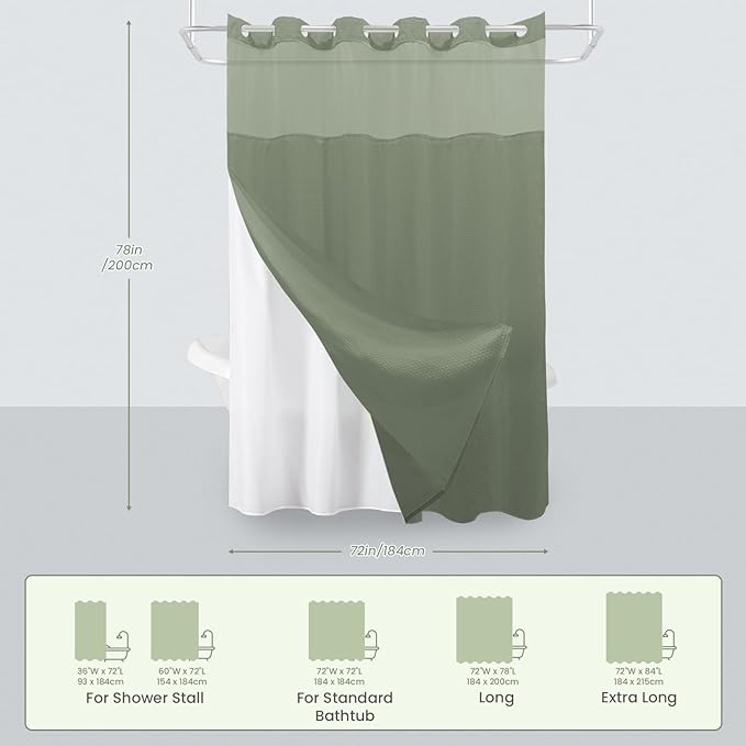 Inhousolu Long No Hook Shower Curtain with Snap in Fabric Liner Set Waffle Weave 230GSM Weighted Hem, Waterproof & Washable Bathroom Curtain Spa Luxury with Mesh Top Window 72" W x 78" L Sage Green