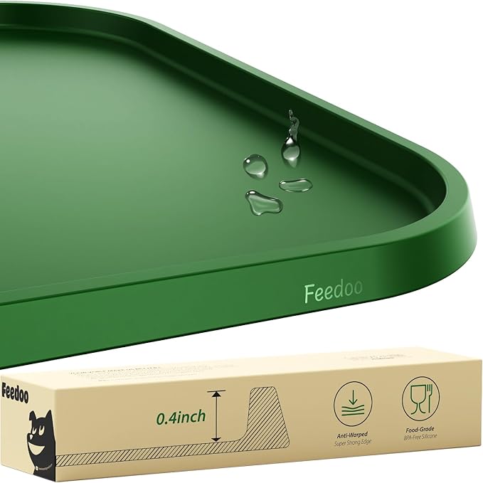 Feedoo Pet Feeding Mat [Warped Resistant Raised Edge], Water-Proof Silicone Placement for Food Water Bowls, Anti-Slip Base Protect Floor, BPA-Free&Dishwasher-Safe [23.5x13.5inch Large, Green]