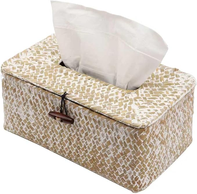 Shonmogar Tissue Box Cover Rectangle Seagrass Tissue Box,Woven Tissue Box Holder with Lid,Farmhouse Tissue Cover for Bathroom Toilet Living Room Bedroom Kitchen Table Desk Office,Whitewash