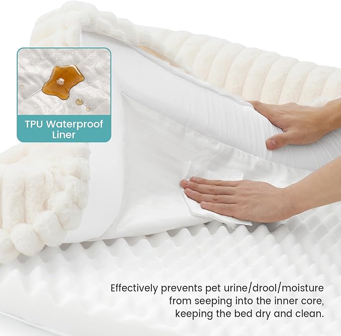COZY KISS Cute Dog Bed, Faux Rabbit Fur Orthopedic Foam Dog Bed with Sides, Removable Washable Cover & Waterproof Lining, Comfortable Pet Couch for Medium Dogs, Cream (36" L x 27" W x 6.5" Th)
