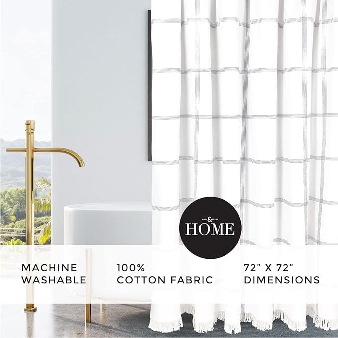 HALL & PERRY Modern Farmhouse Tassel Shower Curtain 100% Cotton Striped Fabric Shower Curtain with Tassels for Bathroom Décor (Black 5, 72"x72")