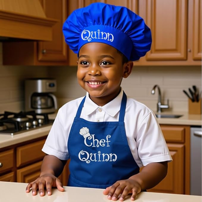 Made in the USA Personalized Embroidered Premium Child Apron and Chef Hat for Kids Girls Boys Fun in the Kitchen Gift (CAN Royal, Long with hat)