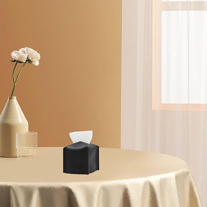 Hapforever 1PC Square Tissue Box Cover, PU Leather Square Tissue Box Holder with Bottom Belt Modern Tissue Box Organizer for Bathroom/Car/Hotel/Office (5.25”x5.25”x5”, Black)