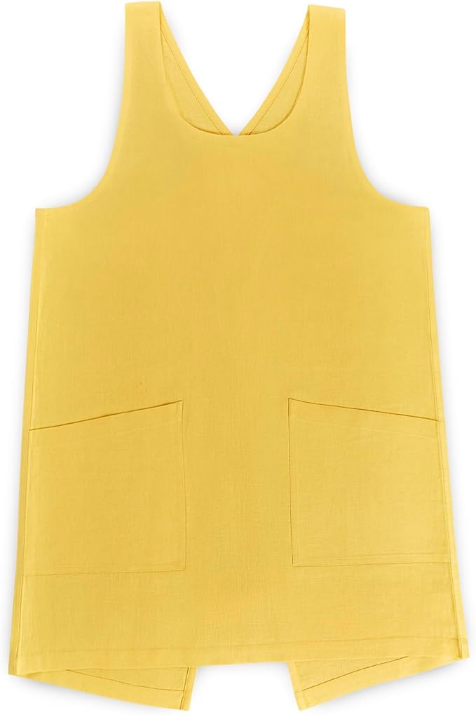 Solino Home Cross Back Linen Apron with Pockets for Gardening, Kitchen - Marigold Yellow Pinafore Smock Apron 100% Pure Linen for Men & Women - Handcrafted from European Flax