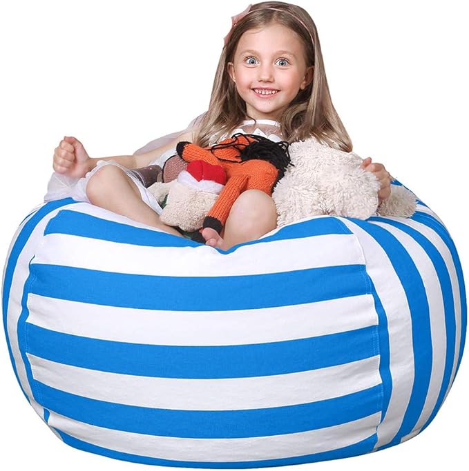 WEKAPO Stuffed Animal Storage Bean Bag Chair Cover for Kids | Stuffable Zipper Beanbag for Organizing Children Plush Toys Large Premium Cotton Canvas (Blue, X-Large)