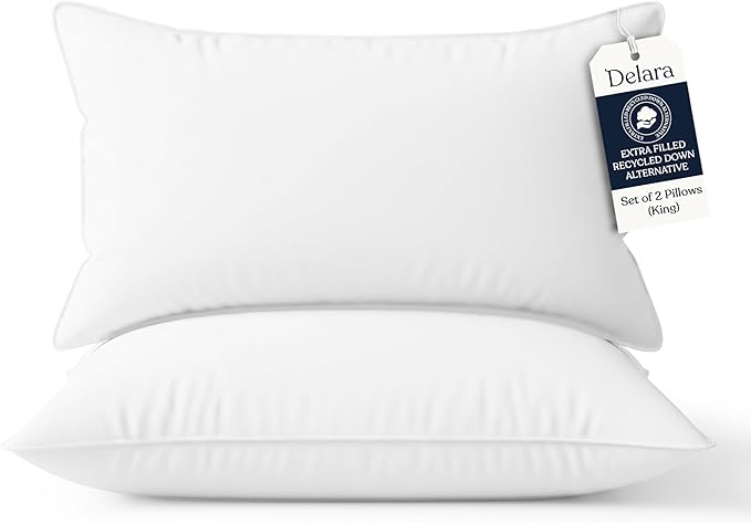Delara Pillows for Sleeping Set of 2 Bed Pillows, Organic Cotton 300TC Shell, Recycled Down Alternative Fill, Supportive for Back and Side Sleepers, Hypoallergenic & Breathable