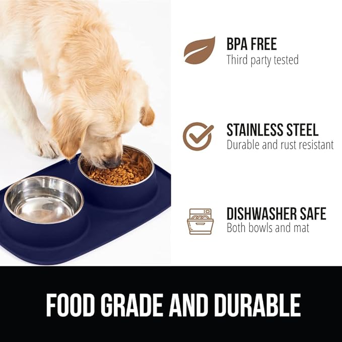 GORILLA GRIP Feeding Mat Set, 3 Cup, Patent Pending 100% Waterproof BPA Free Silicone, Stainless Steel Cat and Dog Bowls, Slip Resistant, Edges Catch Water Food, US Designed Pet Accessories, Navy Blue