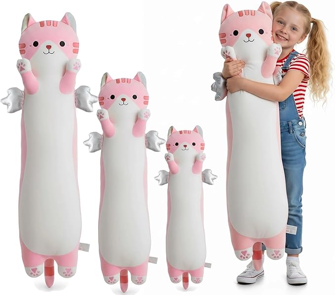 Long Cat Plush Pillow, Cute Cat Stuffed Animal Body Pillow with Wings, Soft Kawaii Kitty Hugging Pillow, Christmas Valentine's Birthday Gift for Kids Girls Boys (Pink, 60cm/23.62in)