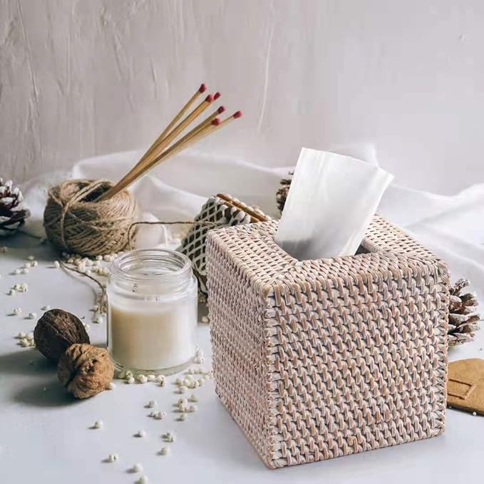 2 Pack Rattan Tissue Box Cover Square, Hand Woven Wicker Tissue Holder, 5.5 x 5.5 X 5.7 inch, Whitewash