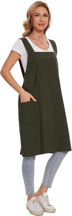 Linen Cotton Aprons for Women Smock Cross-Back Apron with Pockets