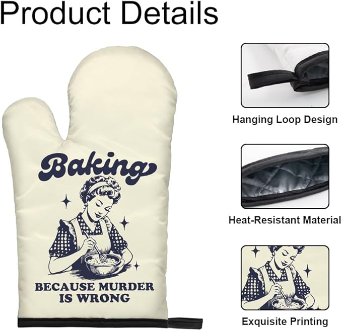 DYJYBMY Baking Because Murder is Wrong Funny Oven Mitts and Pot Holder Set, Humorous Vintage Lady Kitchen Gadgets for Women, Birthday Gifts for Bake Lover Chef, Hostess Gifts for Mom Wife Sister BFF